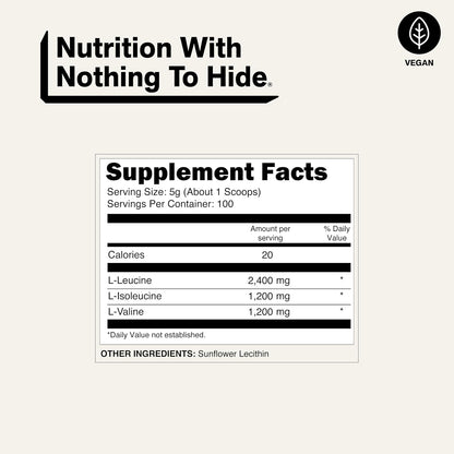 NAKED BCAAs Amino Acids Powder, Only 1 Ingredient, Pure 2:1:1 Formula, Vegan Unflavored Branched Chain Amino Acids, Instantized All Natural BCAA Supplement - 500 Grams, 100 Servings