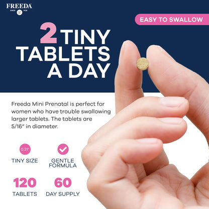 FREEDA Mini Prenatal Vitamins for Pregnant Women – 240 Tiny Tablets | Supports Mother & Baby Nutrition – Includes Methylfolate, Calcium, & Essential Nutrients – Vegan, Kosher, Easy-to-Swallow