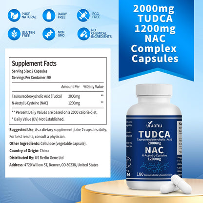 VivoNu TUDCA 675mg + NAC 375mg Supplement Complex Capsules, Powerful TUDCA Bile Salt + N Acetyl Cysteine, Antioxidant Supplements for Liver & Lung& Gallbladder Cleanse, Digestion - 180 Capsules