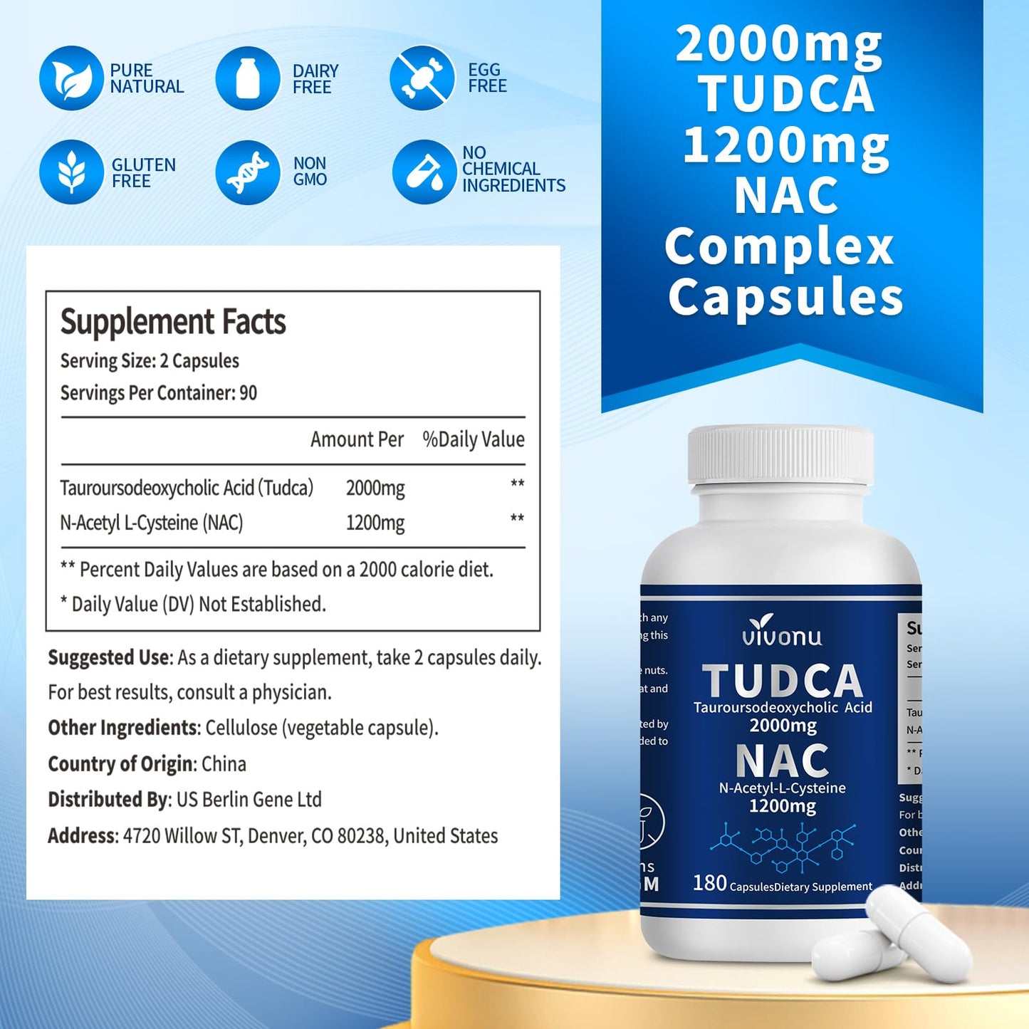 VivoNu TUDCA 675mg + NAC 375mg Supplement Complex Capsules, Powerful TUDCA Bile Salt + N Acetyl Cysteine, Antioxidant Supplements for Liver & Lung& Gallbladder Cleanse, Digestion - 180 Capsules