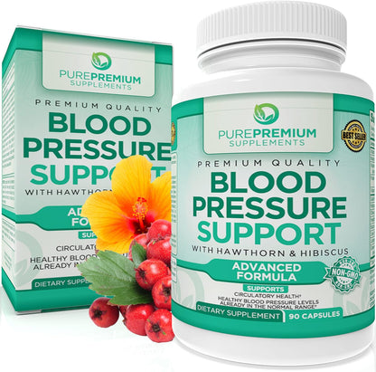 PurePremium Blood Pressure Support Supplement with Hawthorn, Hibiscus & Garlic 