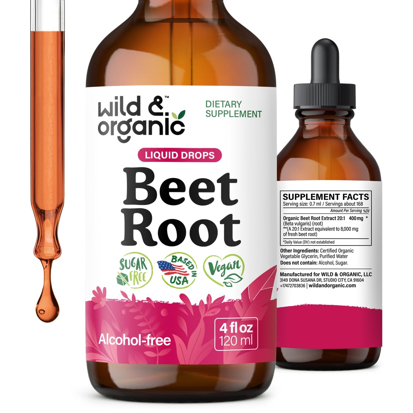 Wild & Organic Beet Root Extract Drops - Energy Support - Liquid Red Beets Supplements - 400 mg per Serving - Mix with Powder - Vegan, Sugar & Alcohol - 4 fl oz