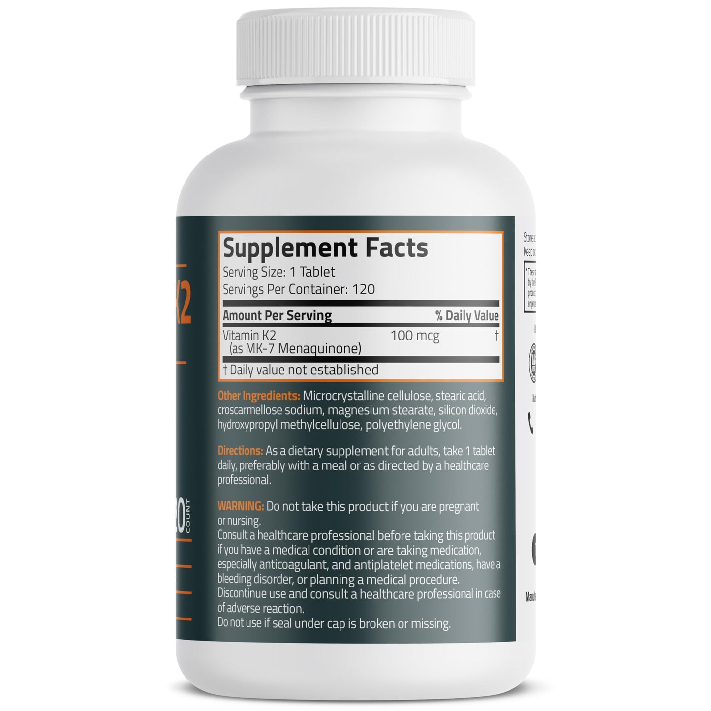 Bronson Vitamin K2 MK-7 100 MCG, K2 as MK7 Menaquinone, Bone Support Non-GMO, 120 Tablets