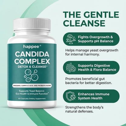 Happee Candida Complex Supplement – Candida Cleanse for Overgrowth Support – Caprylic Acid, Oregano & Probiotics for Yeast Balance, Gut & Immune Support – 60 Caps
