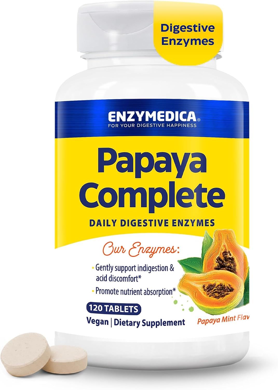 Enzymedica Papaya Complete - Papaya Enzymes Chewable, Digestive Enzyme Supplement for Women and Men, Digestion & Gut Health Support, High Potency Bromelain & Papain, Vegan, Gluten Free - 120 Tablets