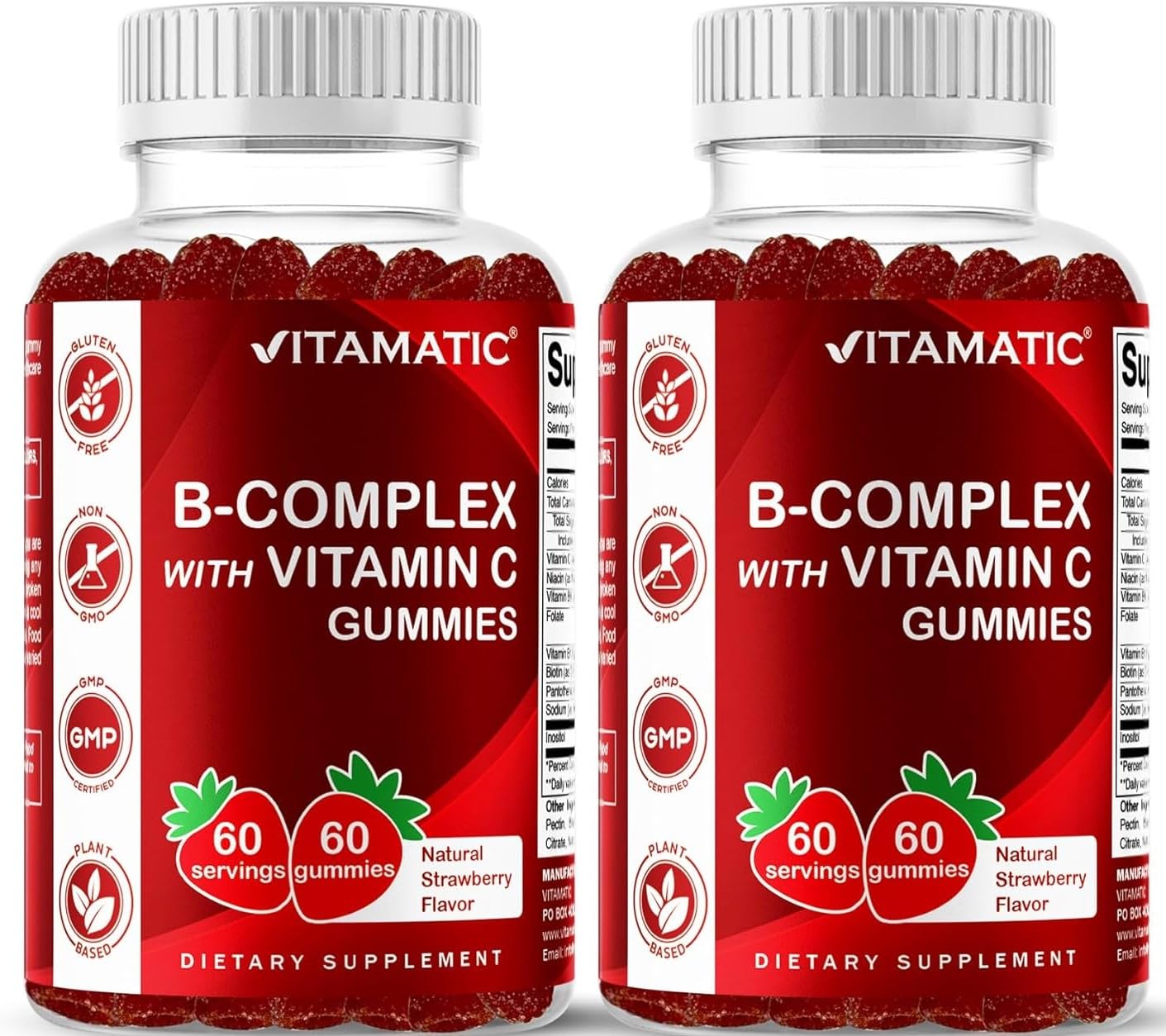 Vitamatic Vitamin B Complex Gummies with Vitamin C & Inositol - Natural Strawberry Flavor - 60 Gummies (1 Bottle)