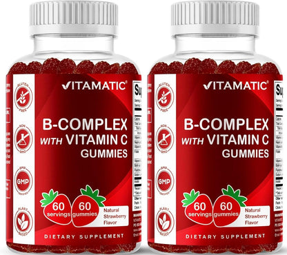 Vitamatic Vitamin B Complex Gummies with Vitamin C & Inositol - Natural Strawberry Flavor - 60 Gummies (1 Bottle)