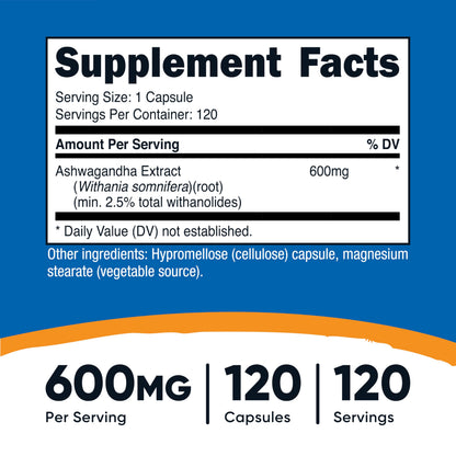 Nutricost Ashwagandha Herbal Supplement 600mg, 120 Capsules | Vegetarian, Non-GMO, Gluten Free, Ashwagandha Root