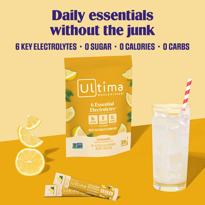 Ultima Replenisher Electrolyte Powder Drink Mix Bundle – Sugar Free – Lemonade and Raspberry, 20 Stickpacks – 6 Electrolytes and Minerals – Keto Friendly, Vegan, Non-GMO