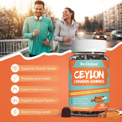Sugar Free Ceylon Cinnamon Gummies 2000MG, Cinnamon Supplement with Chromium and Cinnamon Bark, Vegan, Non-GMO, Gluten Free, 60 Gummies