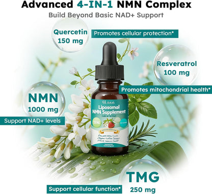 NMN Supplement Liquid Drops,4-in-1 NMN Beta 1000mg | w. Quercetin TMG Resveratrol for Anti Aging Energy & Immune Support, NMNH Alternative Liposomal High Absorption for Women Men