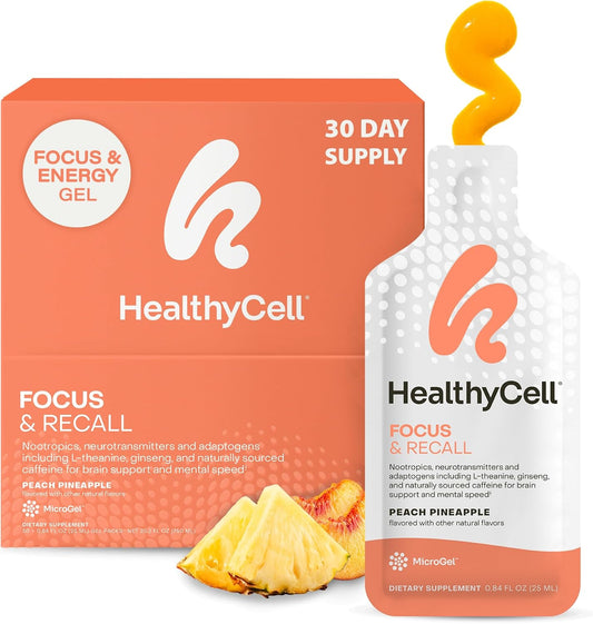 Healthycell Focus & Recall Daily Liquid Brain Supplement - 30 Gel Packs | Liquid nootropic gel packs with L-Theanine, Omega-3 & Taurine - Supports focus, memory, concentration & mental alertness