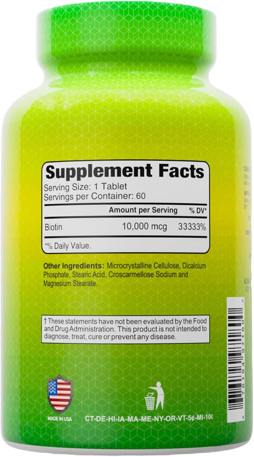 ALFA VITAMINS Biotin 10,000 mcg High Potency Vitamin B7 Supplement for Hair, Skin & Nail Support – 60 Tablets (2-Pack)