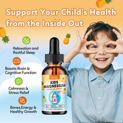 Kids Magnesium Liquid Drops - Liquid Magnesium Glycinate for Kids, Citrate Supplement with L-theanine, Omega-3, Vitamin B12, D3 for Sleep, Calm, Relaxation, Brain, Bones, Strawberry 2 Fl Oz