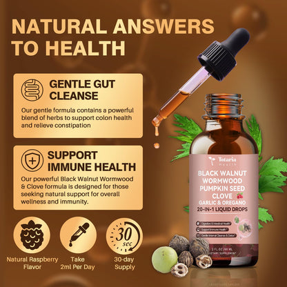 Totaria 20 in 1 Black Walnut Wormwood Tincture - Clove,Pumpkin Seed,Garlic,Oregano,Berberine - Gentle Gut Cleanse & Digestive Health - Alcohol-Free,Gut-Friendly -Raspberry Flavor - 2FL