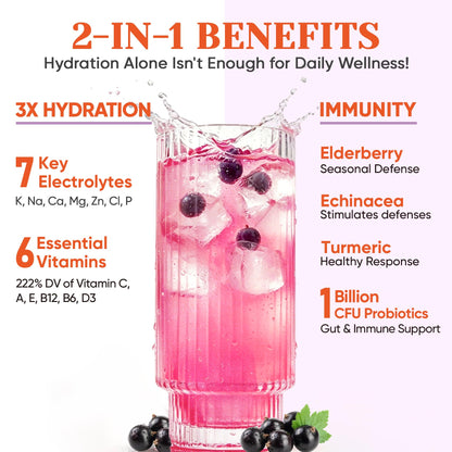 Venture Pal Sugar Free Hydration Packets+Immune-Liquid Daily IV Drink Mix | Electrolyte Powder with 7 Electrolytes & 6 Vitamins, Probiotics + Elderberry | Non-GMO, Keto Friendly, Vegan | 16 Sticks