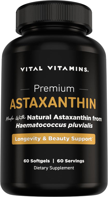 Vital Vitamins Astaxanthin 12mg Softgels for Skin Hydration & Elasticity | Natural Astaxanthin from Microalgae, Antioxidant Protection for Skin, Eyes & Exercise Recovery, Vegan, 60 Softgels