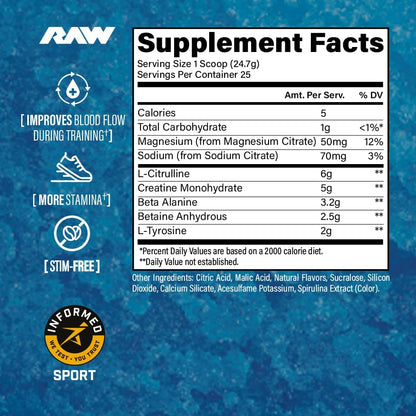 RAW Essential Performance Non-Stim Pre-Workout Powder - Preworkout for Endurance Strength & Focus Without Caffeine or Stimulants - Creatine Monohydrate, L-Citrulline & Beta Alanine - Blue Rathberry