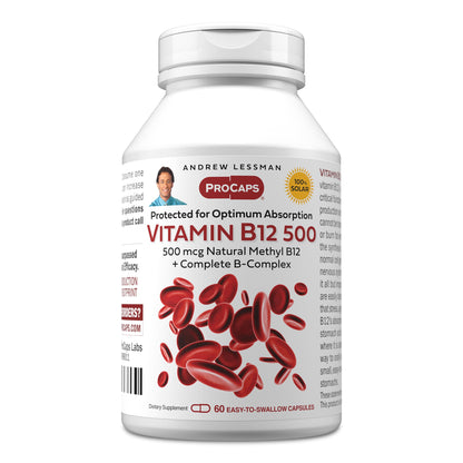 ANDREW LESSMAN ProCaps Vitamin B12 500 mcg with B-Complex 180 Capsules | Absorption-protected Methylcobalamin with B-Complex supports energy, brain, heart and nervous system health.