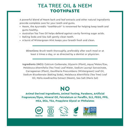 Desert Essence Tea Tree Oil & Neem Toothpaste - Fluoride-Free, Gluten-Free, SLS Free Formula - Vegan, Herbal Toothpaste for Plaque Reduction - Wintergreen Flavor, 6.25 oz