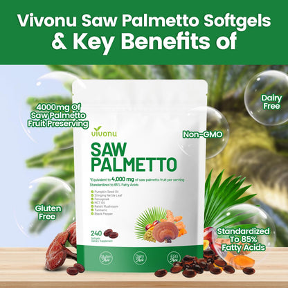 VivoNu Saw Palmetto Capsules Extract 8 in 1, Pumpkin Seed Oil - Supports Prostate Health, Relieves Urination Issues, Supports Hair Growth, DHT Blocker 240 Softgels