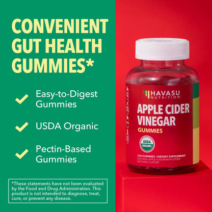 Apple Cider Vinegar Gummies, USDA Organic, Apple Flavor, 1-Month Supply | USDA Organic ACV Gummies for Digestive Health, Metabolism & Gut Support, Vegan, Gluten-Free, No Harsh Taste, 60ct