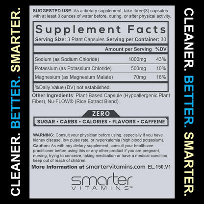 Electrolyte Capsules with 1000mg Sodium, Potassium & Magnesium, 90 Count | Formulated with chloride mineral salts and glycinate. Zero sugar, no mixing, convenient capsules, 30 servings