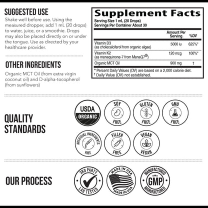 Organic Plant D3 + K2 | 5000 iu D3 + 120 mcg K2 as All-Trans MK7 from MenaQ7® - 100% Whole Food, Raw & Vegan | Enhanced Digestion with Prebiotic & Superfood Complex – D3 from Organic Algae (60 Count)