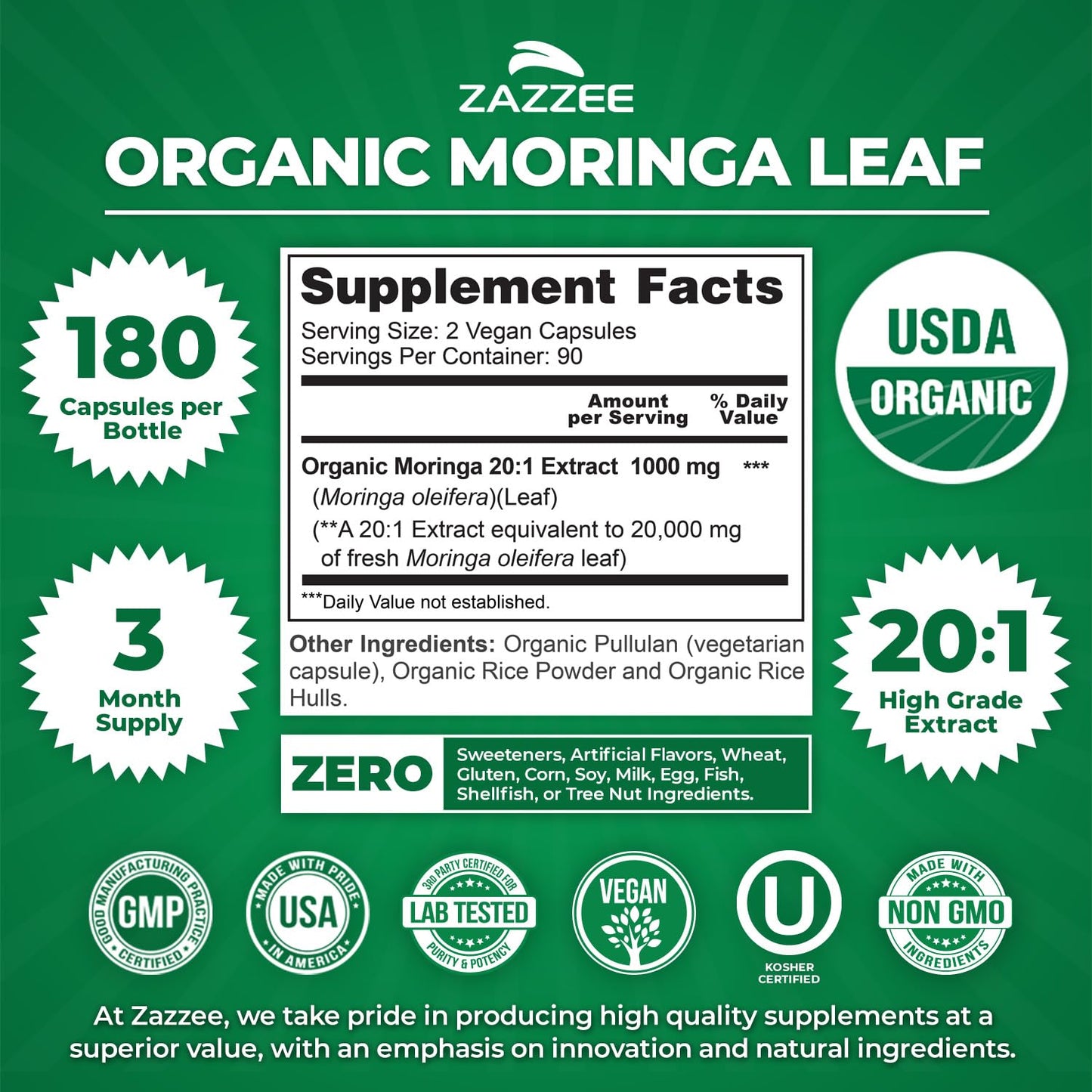 Zazzee USDA Organic Moringa Leaf 20:1 Extract, 180 Vegan Capsules, 3 Month Supply, Certified Kosher, Moringa Oleifera, Antioxidant, Immune & Cellular Support, Superfood Supplement, Made in the USA