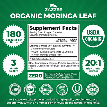 Zazzee USDA Organic Moringa Leaf 20:1 Extract, 180 Vegan Capsules, 3 Month Supply, Certified Kosher, Moringa Oleifera, Antioxidant, Immune & Cellular Support, Superfood Supplement, Made in the USA