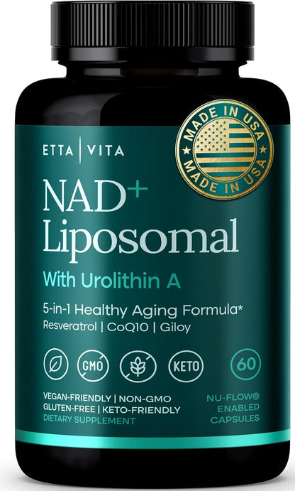 Liposomal NAD+ Supplement - Resveratrol, Muira Puama, Urolithin A, CoQ10 & Giloy (Made in USA) NAD Supplement for Natural Energy, Brain Fog, Digestion, Detox, Gut Health, Microbiome