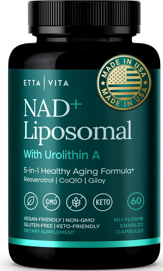 Liposomal NAD+ Supplement - Resveratrol, Muira Puama, Urolithin A, CoQ10 & Giloy (Made in USA) NAD Supplement for Natural Energy, Brain Fog, Digestion, Detox, Gut Health, Microbiome