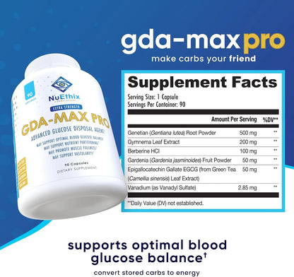 NuEthix Formulations GDA-MAX PRO, Double Berberine HCL Supplement, Supports Glucose Metabolism, Weight Management, Immune Support, Heart Health - Non GMO, Gluten Free, Dairy Free, 90 Count
