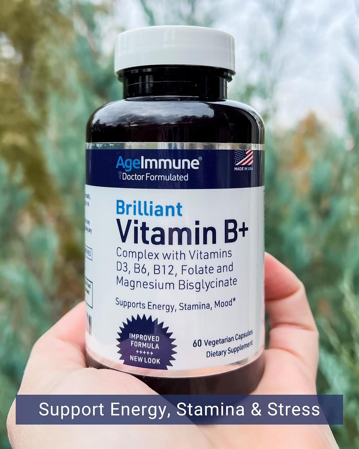 AgeImmune Vitamin B Complex with Vitamin D3 B12 B6 Magnesium Bisglycinate and Folate as Methylfolate - Doctor Formulated Methylated B Complex Supplement – 60 Capsules - Without Niacin