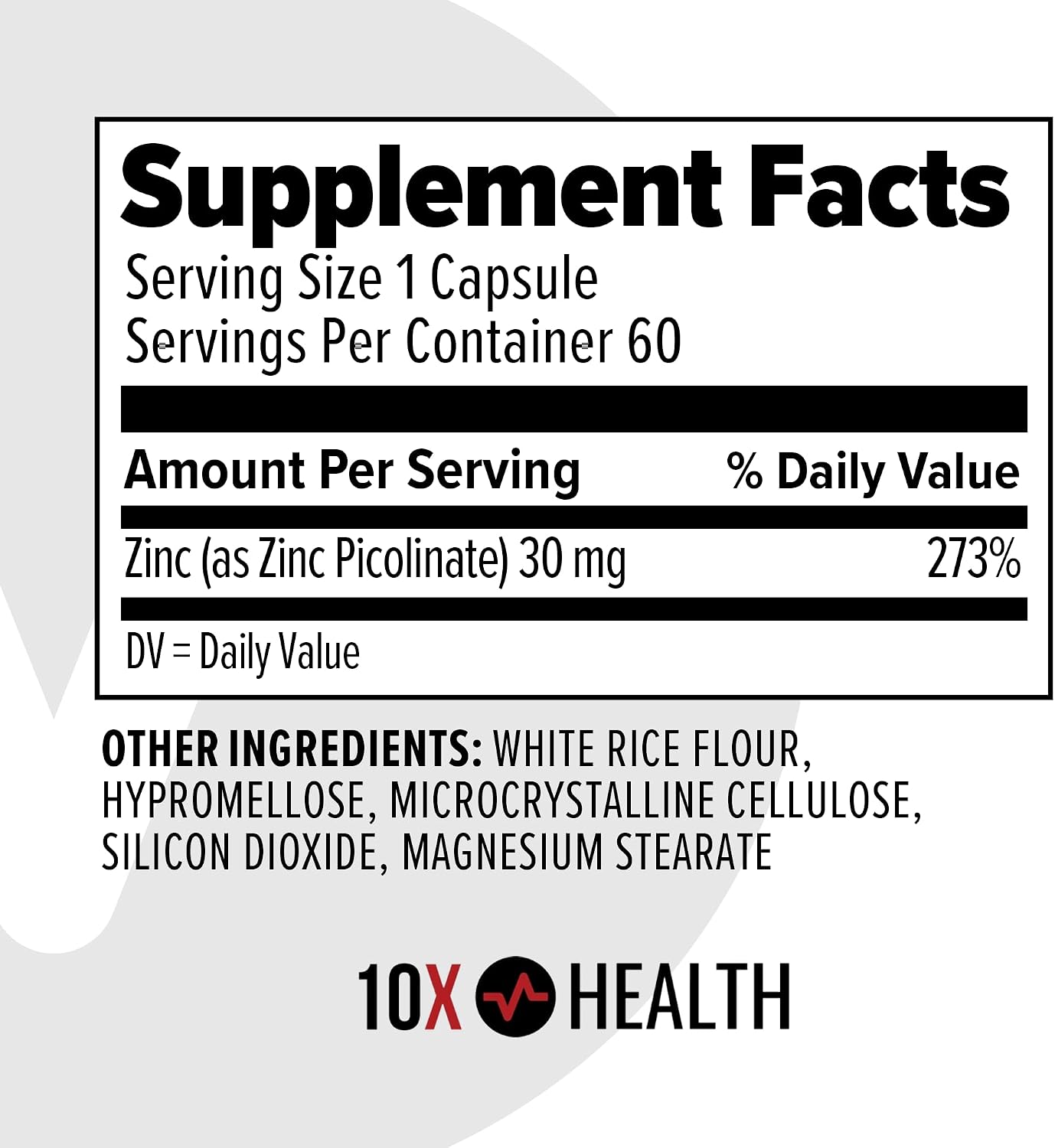10X Health Zinc 30mg - 60 Capsules | Zinc Supplements: DNA & Protein Synthesis, Immune Support, Highly Absorbable, 60ct