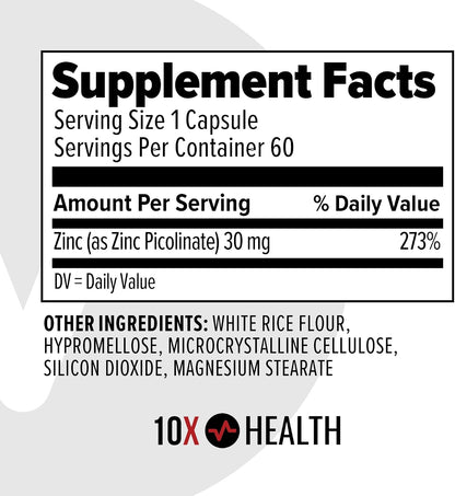 10X Health Zinc 30mg - 60 Capsules | Zinc Supplements: DNA & Protein Synthesis, Immune Support, Highly Absorbable, 60ct