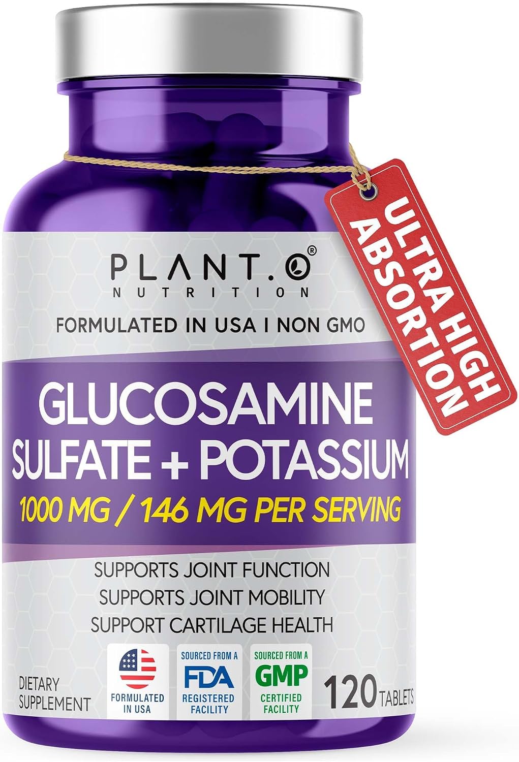 PLANT.O NUTRITION Glucosamine Sulfate with Potassium | Strong Joint Support Supplement | Supports Cartilage and Connective Tissues | Aids Knee and Bone Structure | 120 Tablets