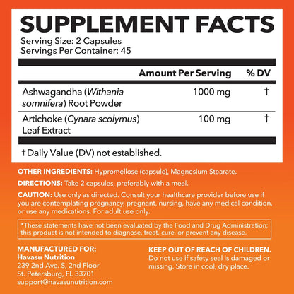 Ashwagandha 1000mg Per Serving with Artichoke Extract, 45 Servings | Ashwagandha Capsules for Stress, Mood and Energy Support, Adaptogenic Herbal Support for Adults, Vegan, Non-GMO, 90 Count