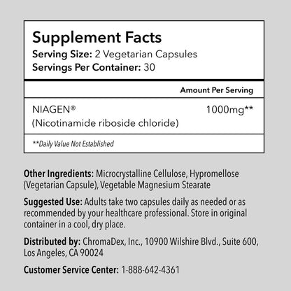 TRU NIAGEN Patented NAD+ Supplement | Nicotinamide Riboside (NR) | 30-1000mg Servings (2x500mg, Take 2 Daily)