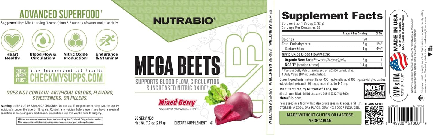NutraBio Mega Beets Organic Beet Root Powder Nitric Oxide Superfood, NO3-T Nitrates and Antioxidants - Supports Performance, Circulation, Blood Flow, Overall Health - 30 Servings