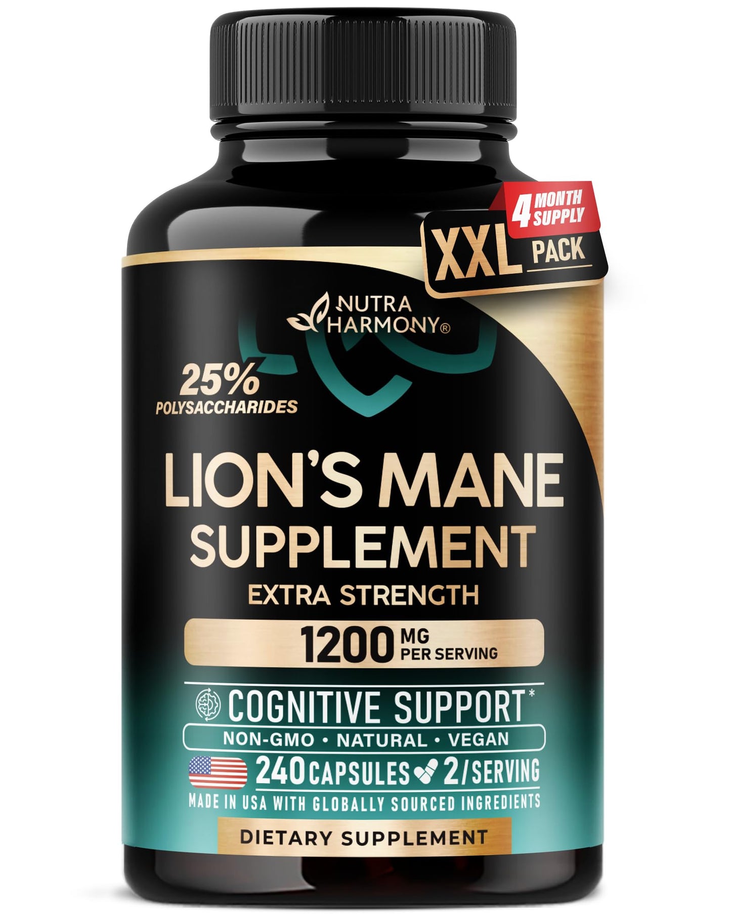 Lions Mane Supplement Capsules - for women & Men - Organic Lions Mane - Fruiting Bodies Extract - 1200 mg, 25% Polysaccharides - Memory & Focus Support - As Lions Powder - 120 Capsules, 2 Month Supply