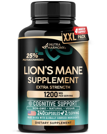 Lions Mane Supplement Capsules - for women & Men - Organic Lions Mane - Fruiting Bodies Extract - 1200 mg, 25% Polysaccharides - Memory & Focus Support - As Lions Powder - 120 Capsules, 2 Month Supply