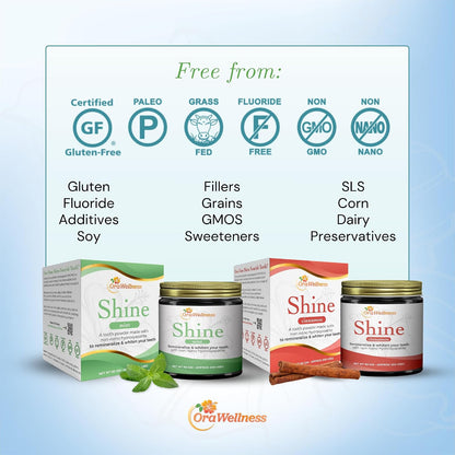 OraWellness Shine Mint Remineralizing Tooth Whitening Powder + BrushEco Bamboo Toothbrush with 4 Rows