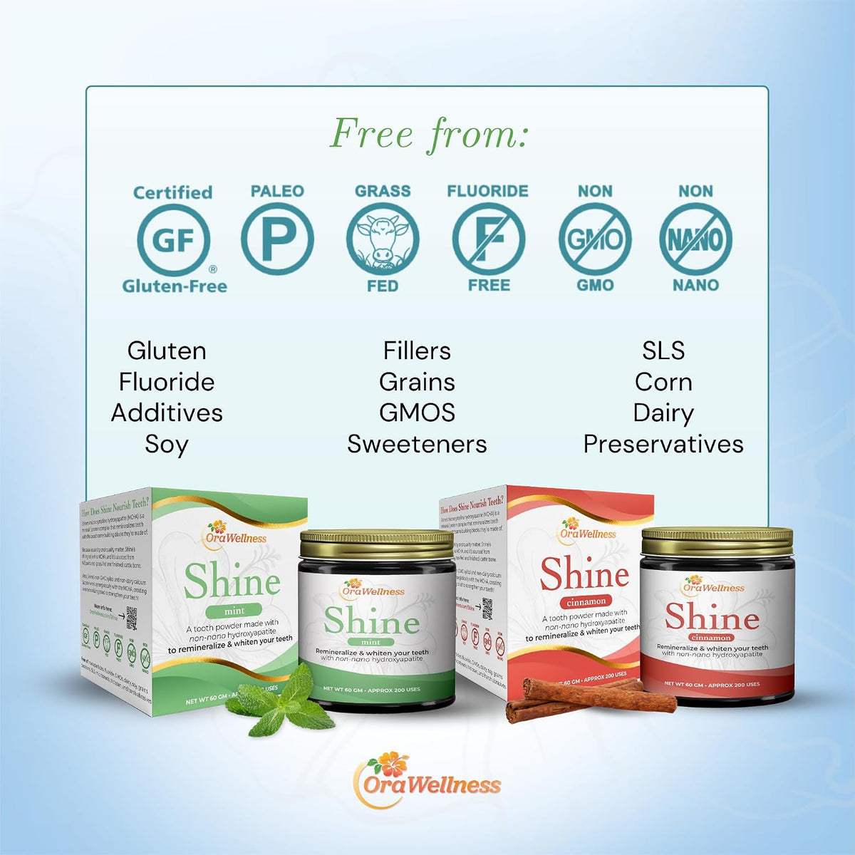 OraWellness Shine Mint Remineralizing Tooth Whitening Powder + BrushEco Bamboo Toothbrush with 3 Rows
