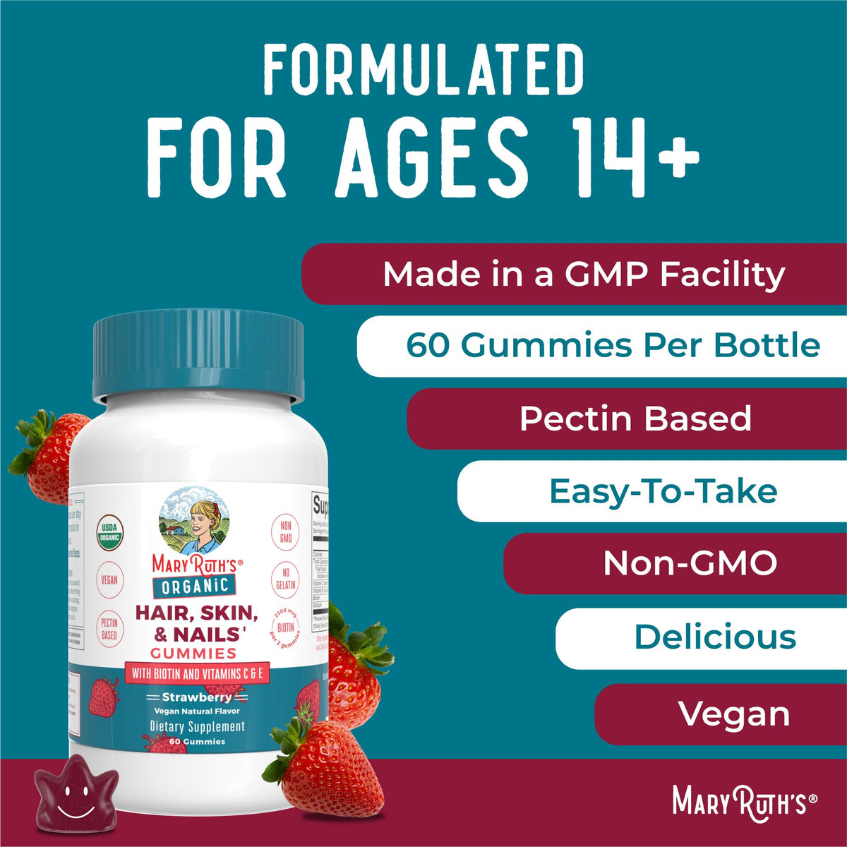 MaryRuth Organics Hair Skin and Nail | USDA Organic | Biotin Gummy with Vitamin C and E