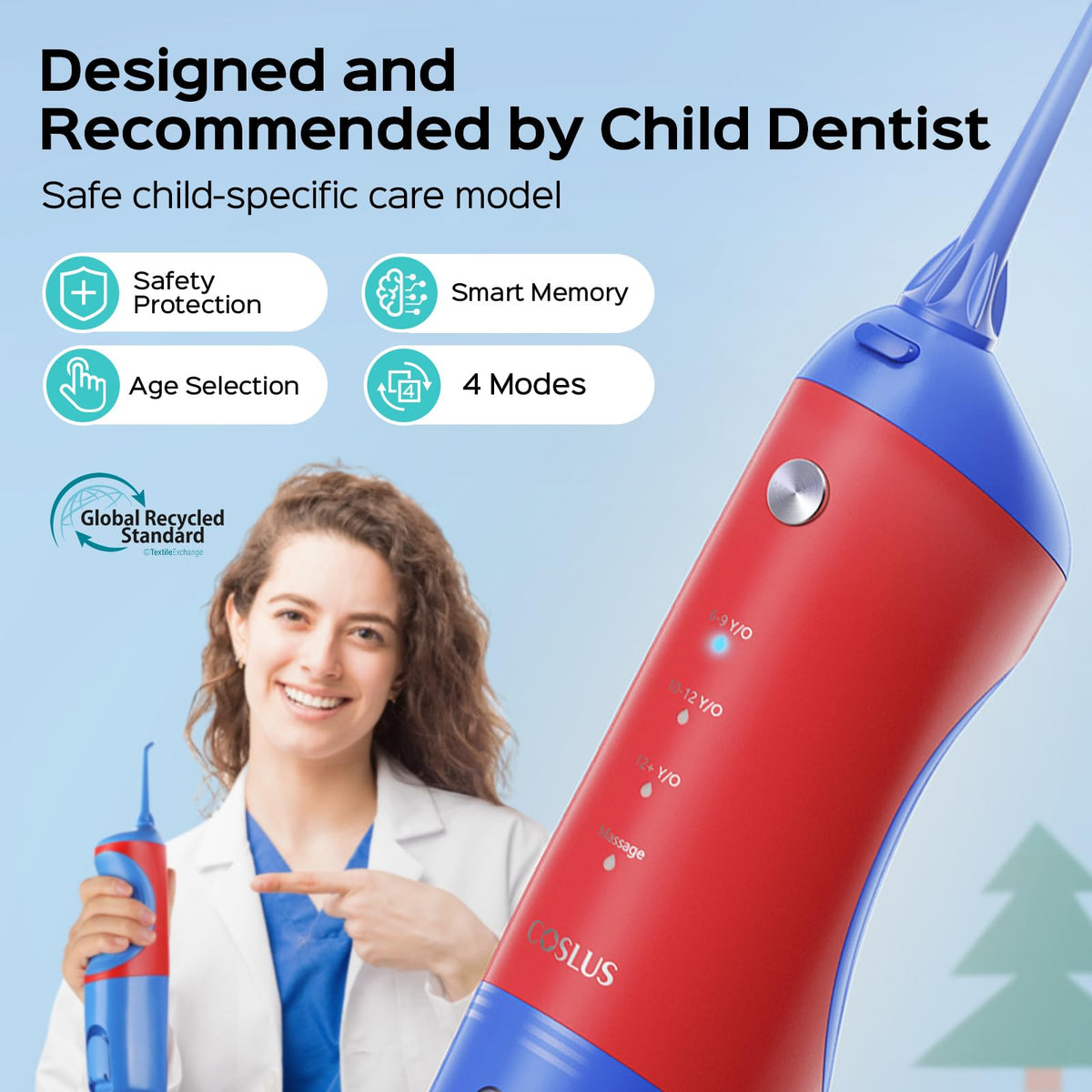 COSLUS C31 Kids Water Dental Flosser, Safe & Gentle for Ages 6+, Blue White