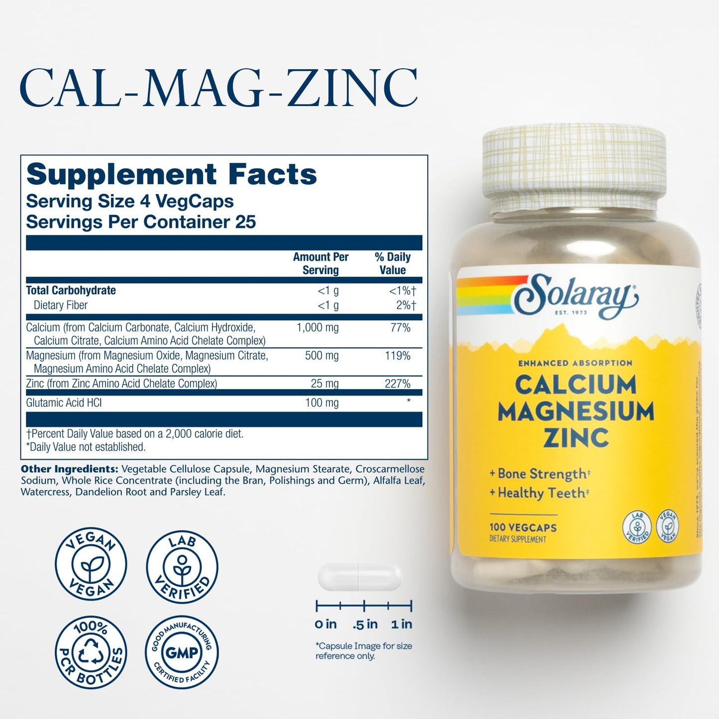 SOLARAY Calcium Magnesium Zinc Supplement - with Calcium 1000mg, Magnesium 500mg - Bone Health, Muscle Function, Heart Health and Immune Support - Vegan, 60 Day Guarantee, 68 Servings, 275 VegCaps