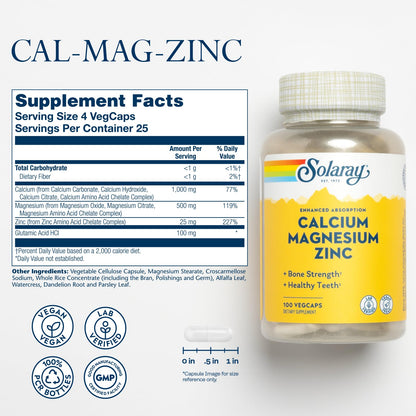 SOLARAY Calcium Magnesium Zinc Supplement - with Calcium 1000mg, Magnesium 500mg - Bone Health, Muscle Function, Heart Health and Immune Support - Vegan, 60 Day Guarantee, 68 Servings, 275 VegCaps