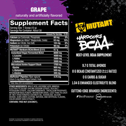 Mutant Hardcore BCAA - Pre, Intra or Post Workout – BCAA Next Level branched-Chain Amino Acids Supplement – Hydration + Recovery - 30 Serving - Blue Raspberry