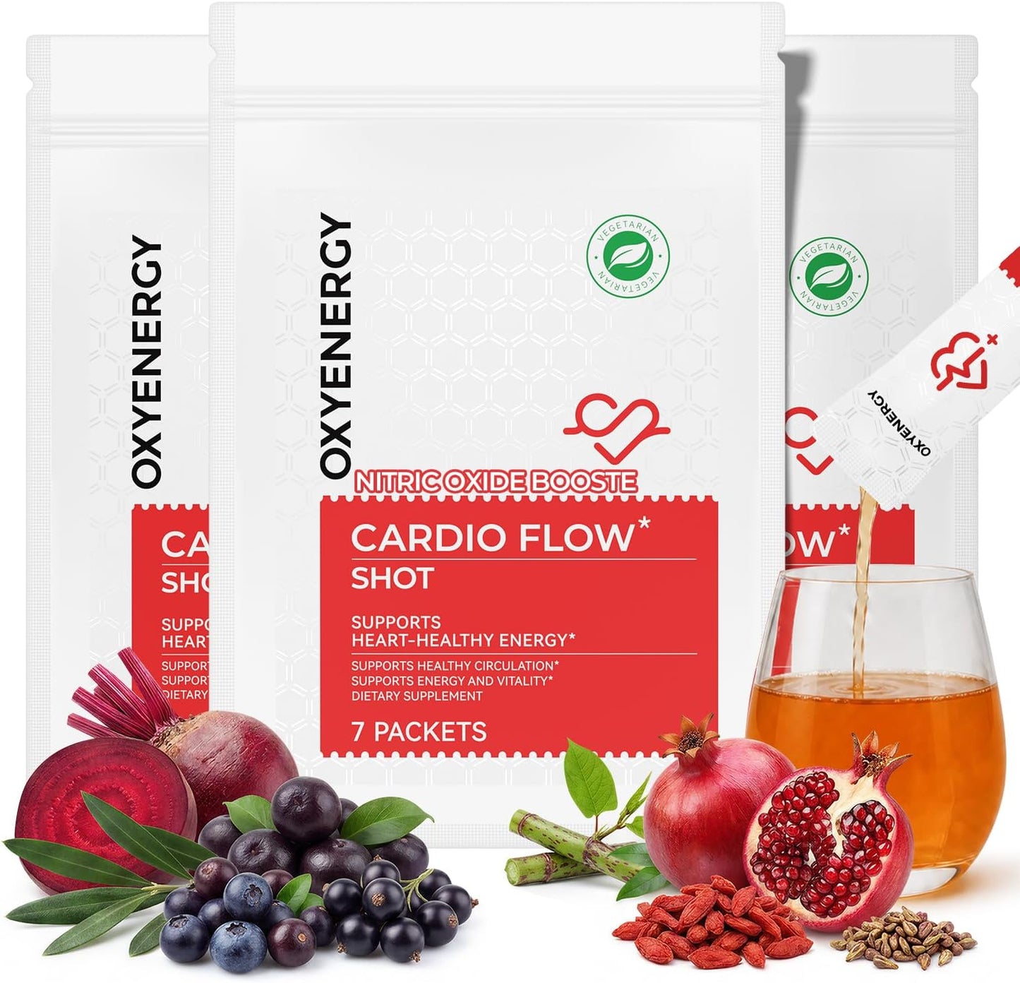 OxyEnergy Heart & Vascular & Blood Pressure Health Liquid Supplement | Nitric Oxide, Beet Root & CoQ10 & Olive & Resveratrol, Non-GMO, Natural Berry Flavor 21 Stick Packs